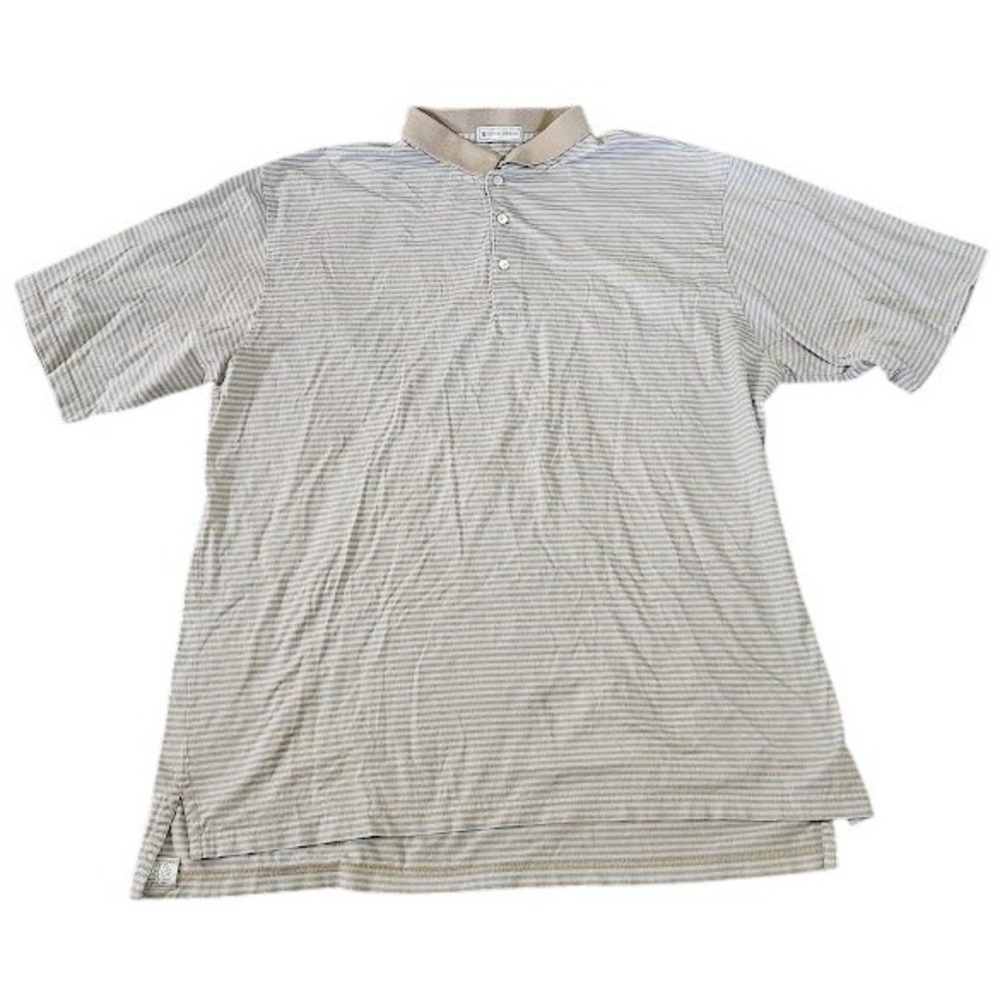 Peter Millar Polo Golf Shirt Men XXL Beige Blue Striped Short Sleeve Cotton